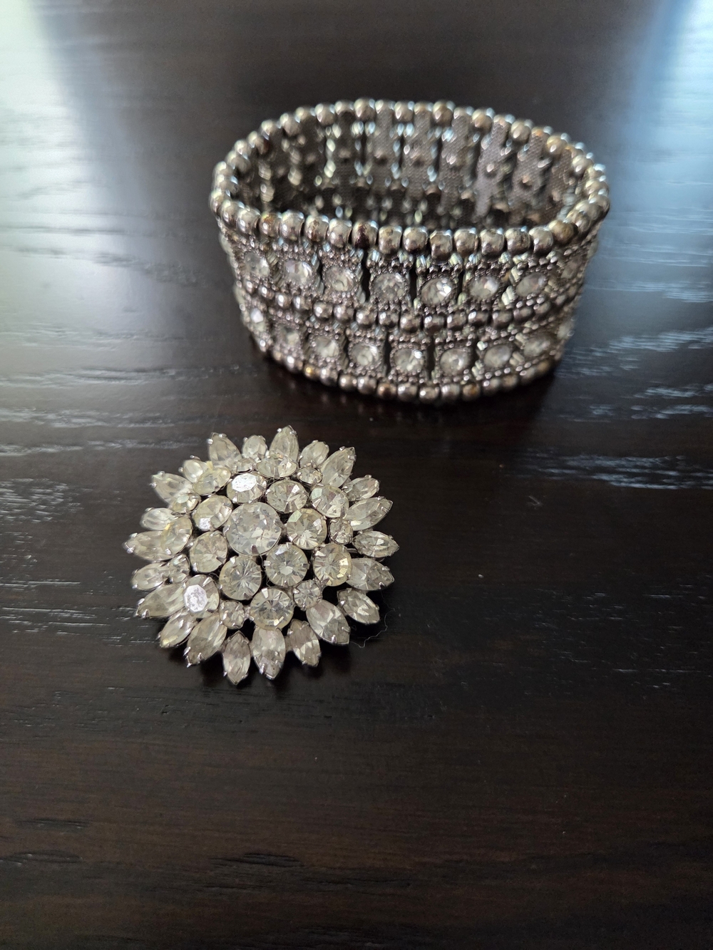 Crystal Statement Bracelet and Brooch Set - Silver-Tone Sparkle